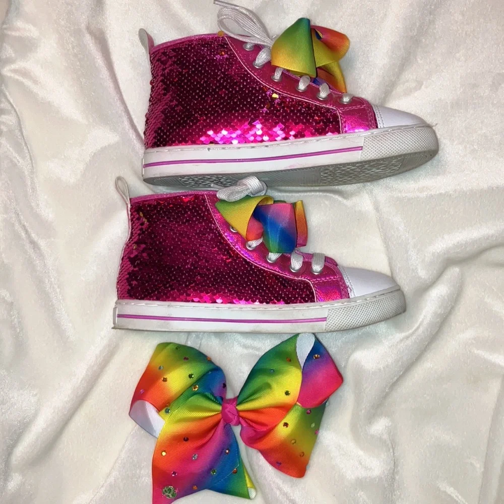 EUC Girls Size 3 JoJoHot Pink Sequin HighTop w/ Rainbow Bow, Bebe Boot, JoJoBow